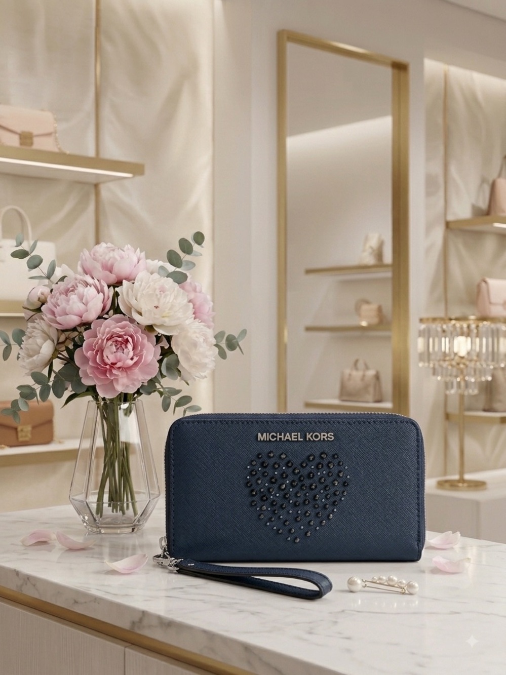 Michael Kors Navy Studded Heart Wristlet Wallet